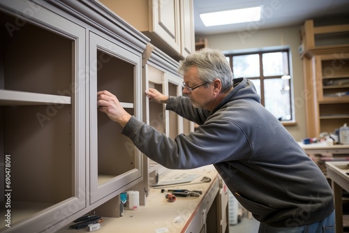 A skilled worker installing cabinetry with care and attention to detail photo