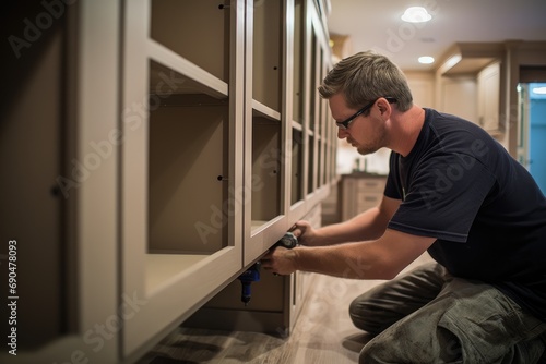 A skilled worker installing cabinetry with care and attention to detail photo