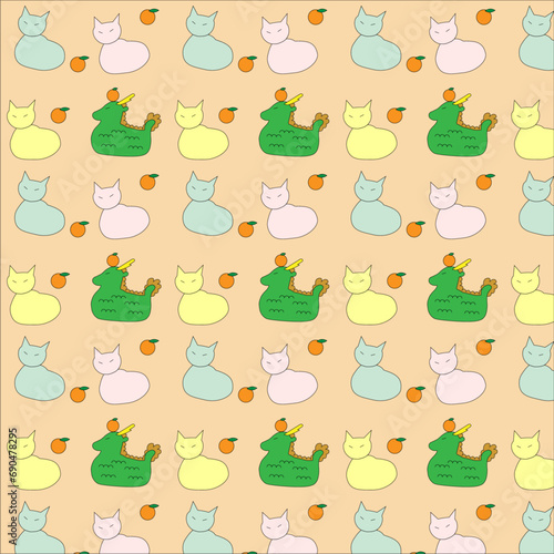 ねこと竜とみかんのかわいくカラフルなパターンデザイン