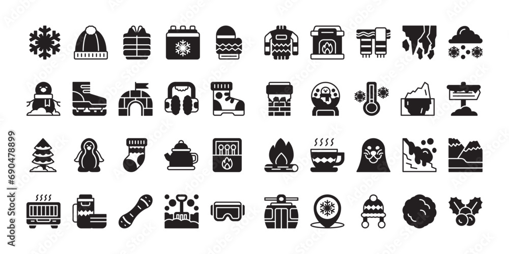 Winter Icon Set With Solid Style Winter Icon Set With Solid Style