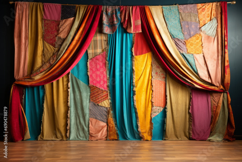 Patchwork stage curtains  downstage and main valance of theatre
