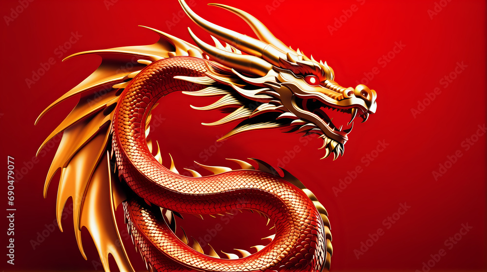 Fototapeta premium Chinese gold dragon on red background. Festival in china. 