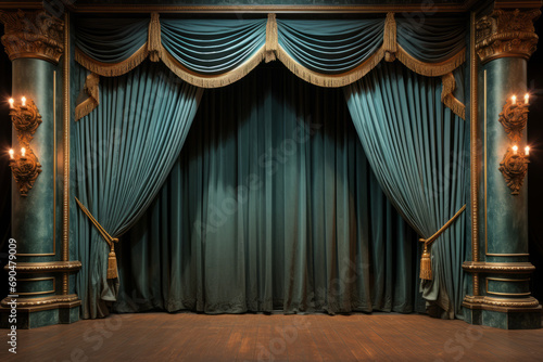 Technical blue stage curtains, downstage and main valance of theatre