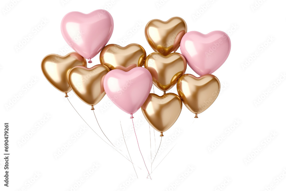 Gold and pink flying glossy foil heart balloons, white background isolated PNG