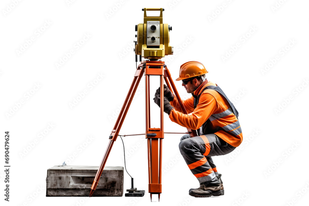Surveyor builder Engineer with theodolite transit equipment at construction site outdoors during surveying work. Generative Ai. - obrazy, fototapety, plakaty 