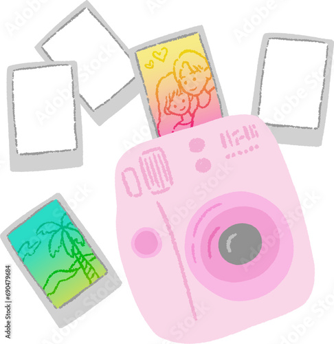 Cute pastel colored instant camera and film, stylish hand-drawn illustration / かわいいパステルカラーのインスタントカメラとフィルム、おしゃれな手描きイラスト