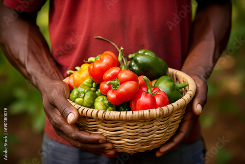 Farmer holding basket of organic vegetables in farm