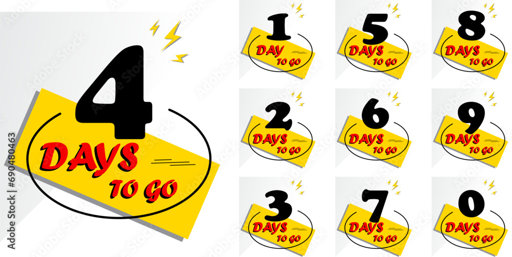 Days to go, Countdown of days 1,2,3,4,5,6,7,8,9,10. The days left badges. A countdown is going on, one day I left a badge and a label to calculate the date of work. Offer timer,