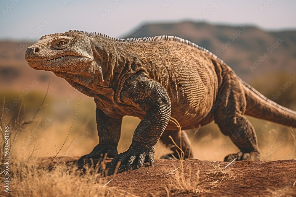 Desert Dominator: Majestic iguana basking in its arid habitat with mountain backdrop Desert Dominator: Majestic iguana basking in its arid habitat with mountain backdrop