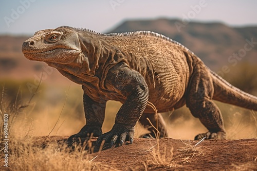 Desert Dominator  Majestic iguana basking in its arid habitat with mountain backdrop