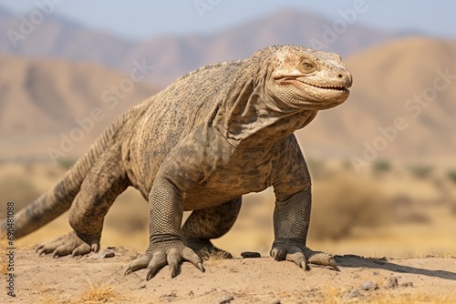 Desert Dominator  Majestic iguana basking in its arid habitat with mountain backdrop