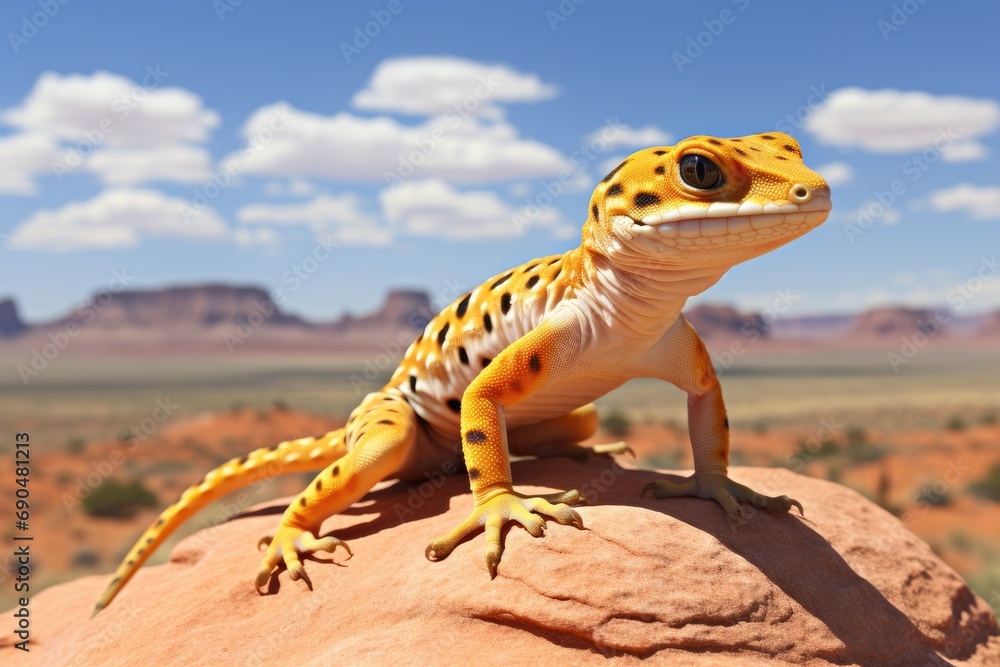 Obraz premium Desert Dweller: Leopard gecko perched atop a sandstone in desert surroundings