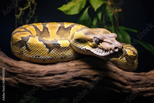 A python resting on a tree branch amidst green foliage
