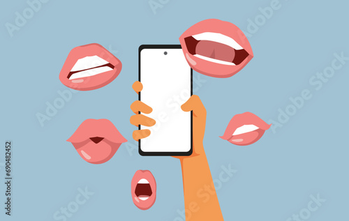 Person Using Mobile Dating App Chatting with Women Vector Illustration. People talking using a digital network and interface to find love
