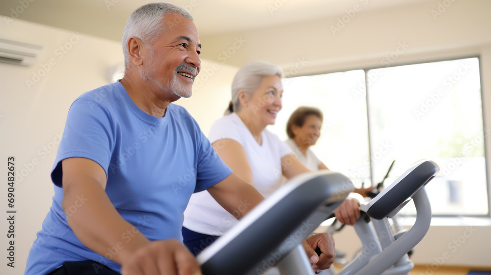 Training on exercise bikes in small groups under the guidance of an experienced trainer. A small multi-ethnic group of elder women of different ages during a cycling workout. Training on exercise bikes in small groups under the guidance of an experienced trainer. A small multi-ethnic group of elder women of different ages during a cycling workout.