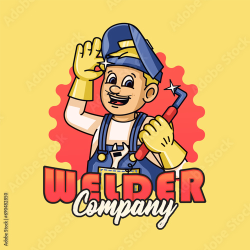Male cartoon retro mascot using workshop welding equipment. Suitable for logos, mascots, t-shirts, stickers and posters