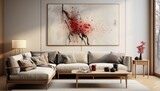 Modern-styled living room with beige corner sofa, abstract painting, and warm lighting