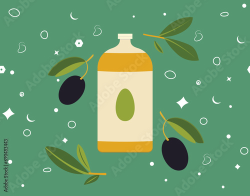 Olive oil bottle and olive vector illustrations