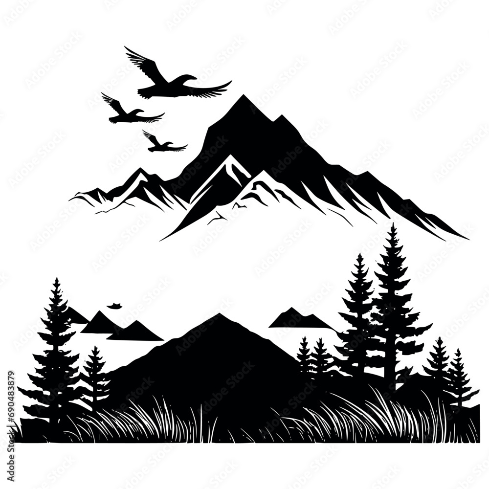 Fototapeta premium hand drawn mountain range silhouette vector illustration