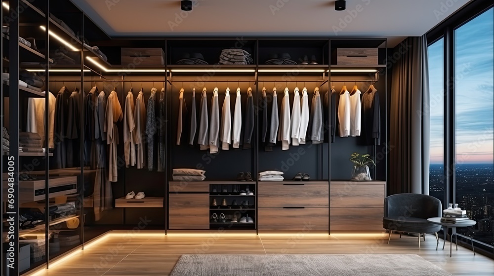 Elegant minimalist male walk in wardrobe with clothes hanging on rods, shelves and drawers. Dressing room with space for storing and organizing accessories. Elegant minimalist male walk in wardrobe with clothes hanging on rods, shelves and drawers. Dressing room with space for storing and organizing accessories.