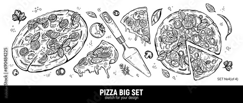 Pizza set, mozzarella, pepperoni slice, pizza spatula and pizza ingredients. Hand drawing sketch.
