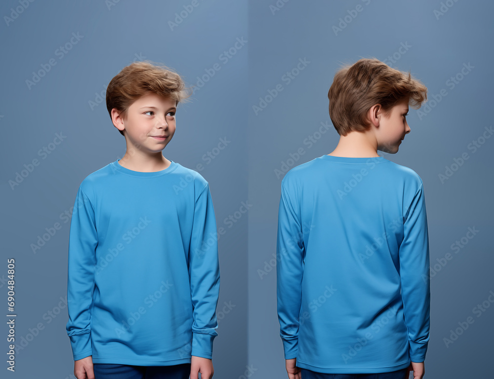 Front and back views of a little boy wearing a blue long-sleeve T-shirt Front and back views of a little boy wearing a blue long-sleeve T-shirt
