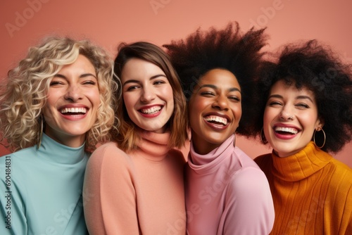 A playful group photo of friends with a colorful studio background that radiates positive energy. Bright colored clothes and personality