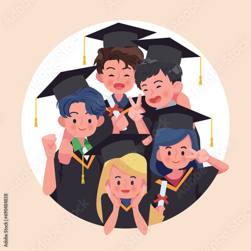Group of students graduating together. Vector people illustration.
