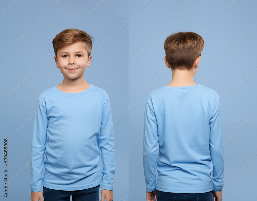Front and back views of a little boy wearing a blue long-sleeve T-shirt Front and back views of a little boy wearing a blue long-sleeve T-shirt