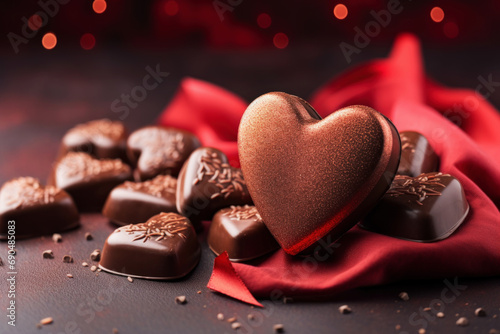 Red roses and heart shaped chocolate with ribbon, Valentines Day background