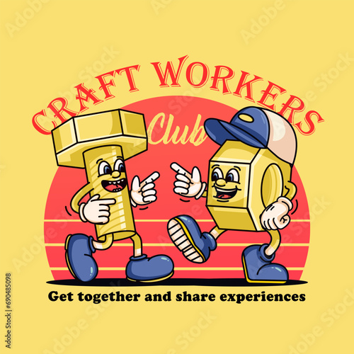 Bolts and nuts chatting intimately, retro mascot characters. Suitable for logos, mascots, t-shirts, stickers and posters