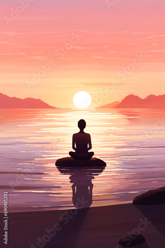 Serene Beach Scene Depicting Mindfulness and Relaxation with a Person Meditating at Sunset