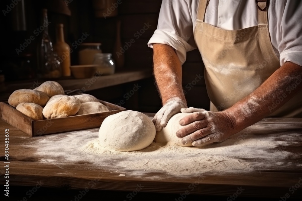 Close-up view of a male hands kneading dough on a board sprinkled with flour. Caucasian man prepares bread from natural products in a village kitchen.