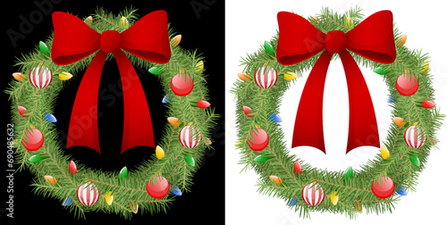 Vector illustration of a Christmas wreath decorated with lights, ornaments and a bow, against a black and a white background.