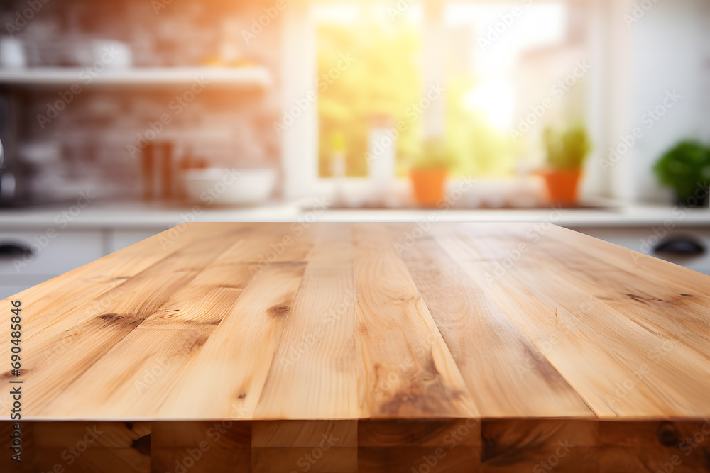 Empty wood table with blurry kitchen in background Empty wood table with blurry kitchen in background