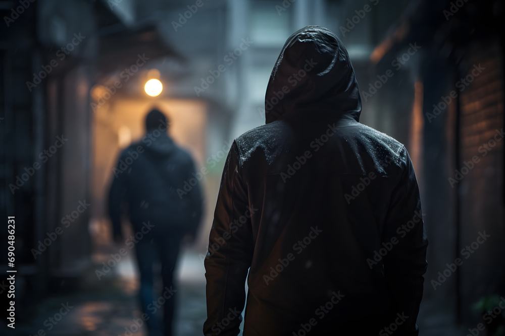 Night scene with man in hood following person. Concept for crime, robbery and assault - obrazy, fototapety, plakaty 
