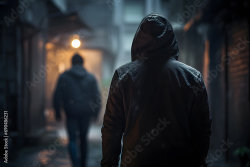 Night scene with man in hood following person. Concept for crime, robbery and assault
