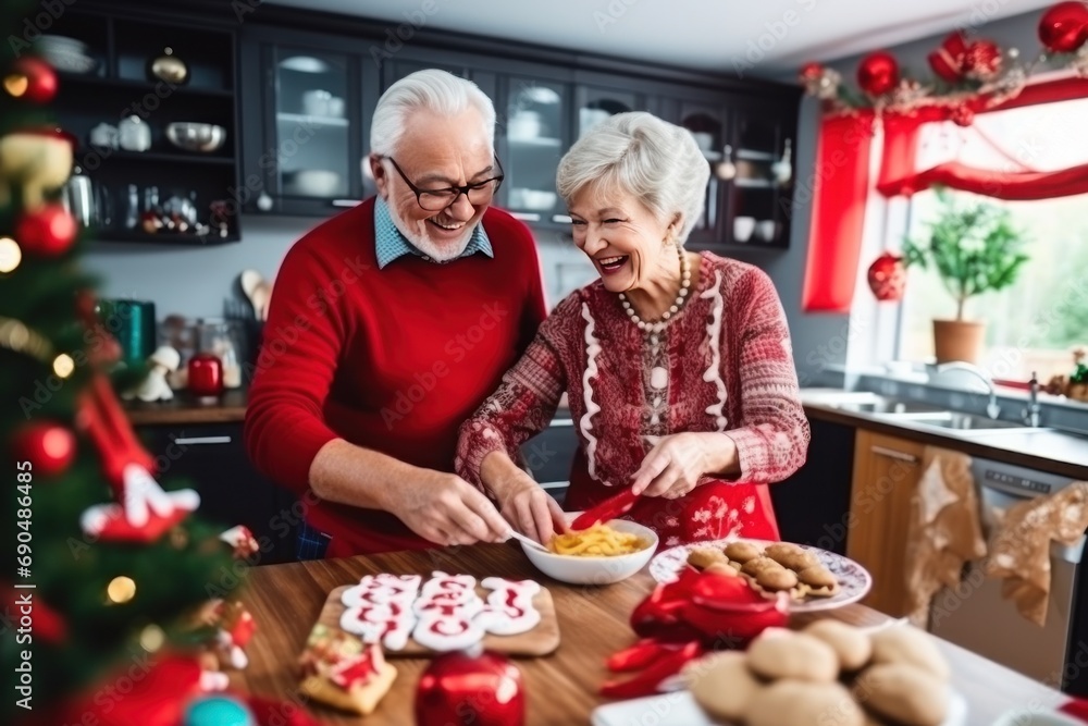 Happy elderly Caucasian couple cooks gingerbread men for Christmas holiday at home. Happy man and woman enjoy baking snacks for grandchildren. Cheerful grandparents make biscuits in kitchen Happy elderly Caucasian couple cooks gingerbread men for Christmas holiday at home. Happy man and woman enjoy baking snacks for grandchildren. Cheerful grandparents make biscuits in kitchen
