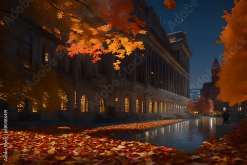 A 3D rendering of autumn in Albany, New York, with a mix of realism and fantasy, incorporating whimsical elements like floating leaves and surreal lighting to evoke a magical atmosphere