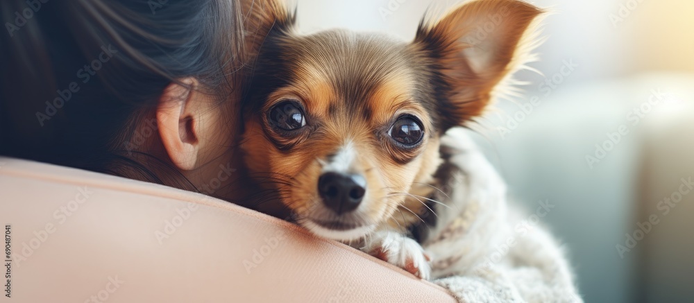 Fearful little dog sitting on owner's lap. Fearful little dog sitting on owner's lap.