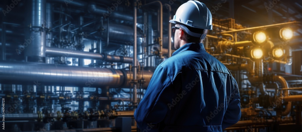 Factory worker controlling heating plant processes with pipes, valves, and boiling. Factory worker controlling heating plant processes with pipes, valves, and boiling.