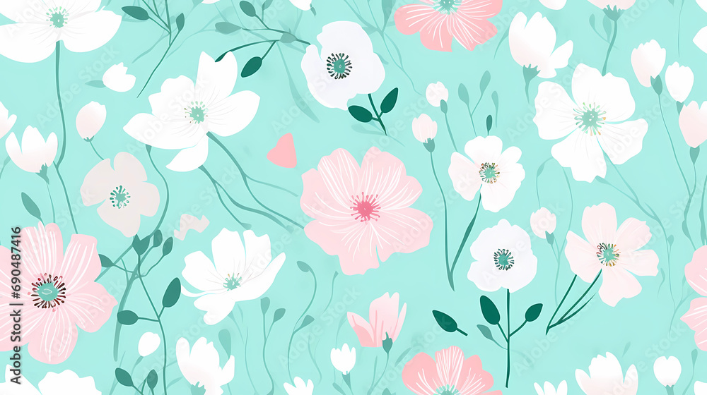 a refreshing palette of mint green and pastel flowers seamless pattern