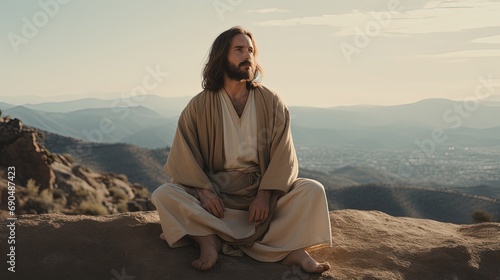 Jesus in robe sitting on stone shore strewn with bushes by sea looking at landscape. Jesus Christ walking near sea. Jesus Christ calmly walking near sea searching for asks for important questions