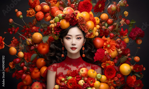 Woman wearing modern Chinese costume with oranges, auspicious fruit, for the festival.