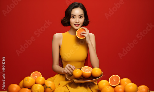 Woman wearing modern Chinese costume with oranges, auspicious fruit, for the festival.