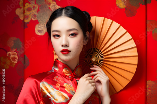 Beautiful Asian woman in traditional Chinese dress with colorful make up holding fan in oriental style