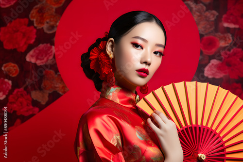 Beautiful Asian woman in traditional Chinese dress with colorful make up holding fan in oriental style