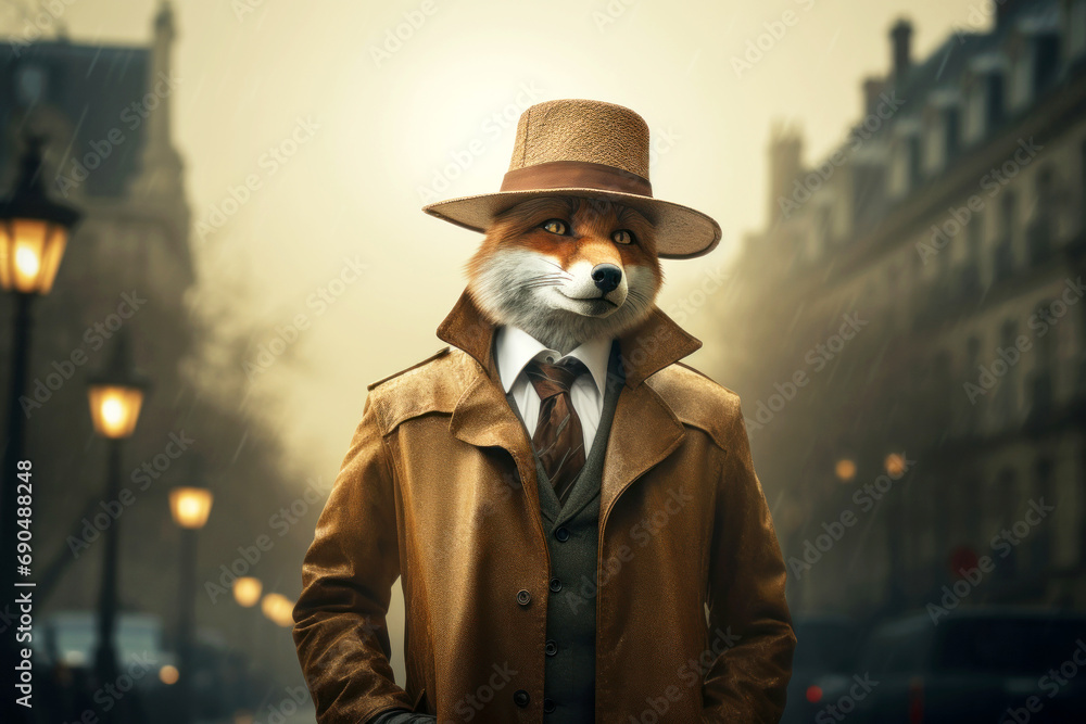 Fox in vintage clothes and a hat on his head in old Paris. Foggy morning, rainy weather outside. Animal concept