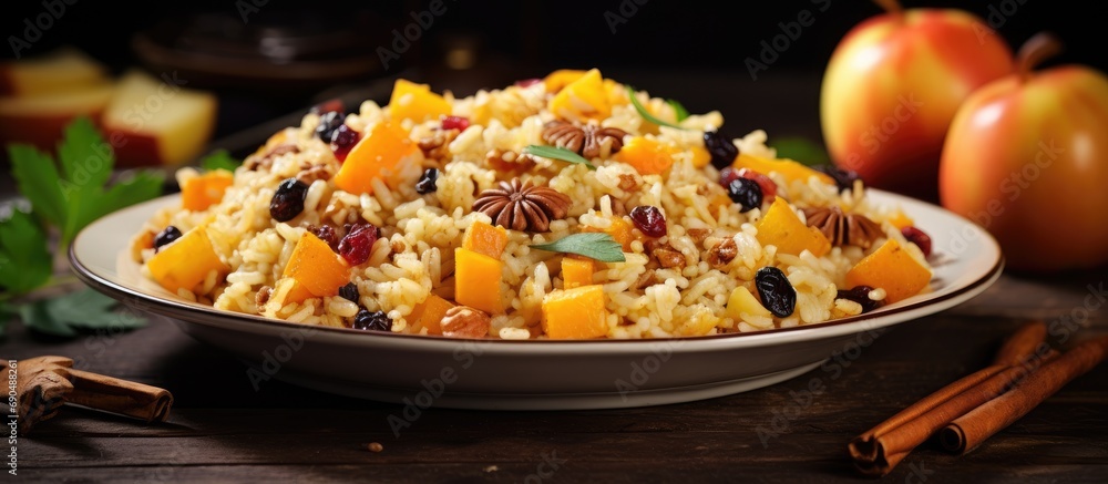 Fruity pilaf with pumpkin, apples, and dried fruit on the table. Fruity pilaf with pumpkin, apples, and dried fruit on the table.