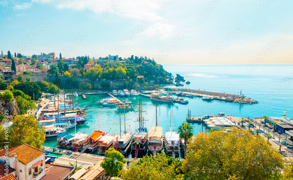 Panoramic view of harbor in Antalya, old town, Turkey